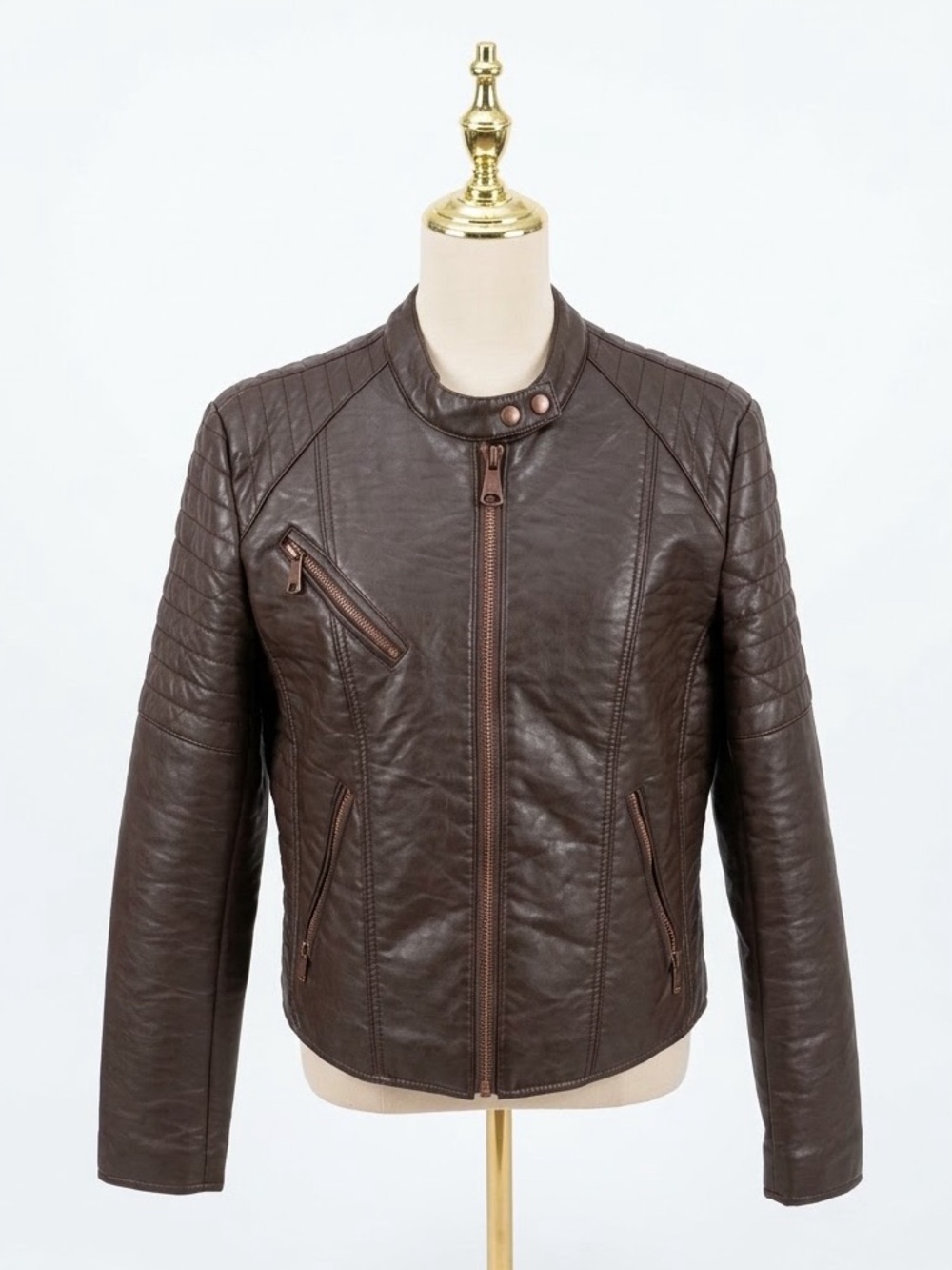 Marc New York Andrew Marc Brown Quilted Faux Leather Moto Jacket Women Size L